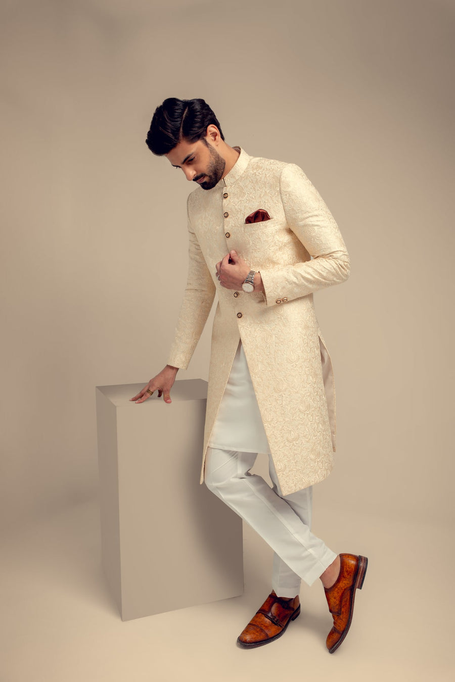 CREAM PASTLEY EMBROIDERED SHERWANI