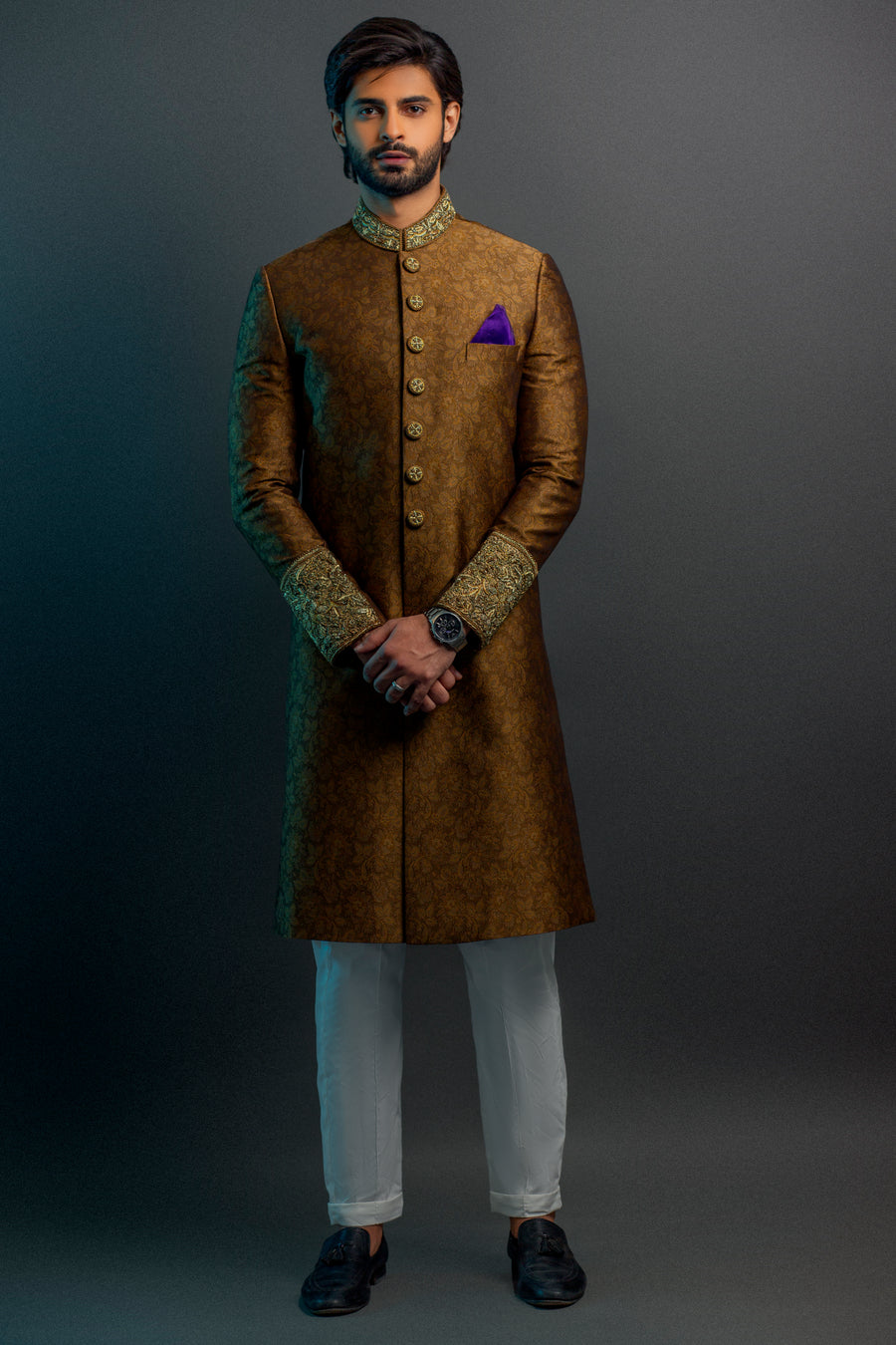 Jamawar Sherwani Hand Embroidered Cuff,Button  and Collar