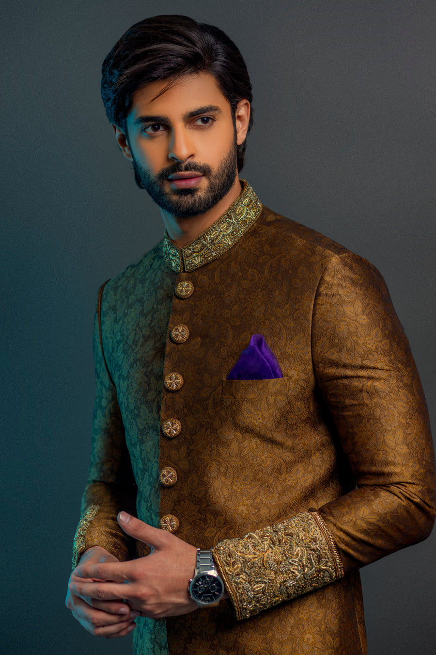 Jamawar Sherwani Hand Embroidered Cuff,Button  and Collar