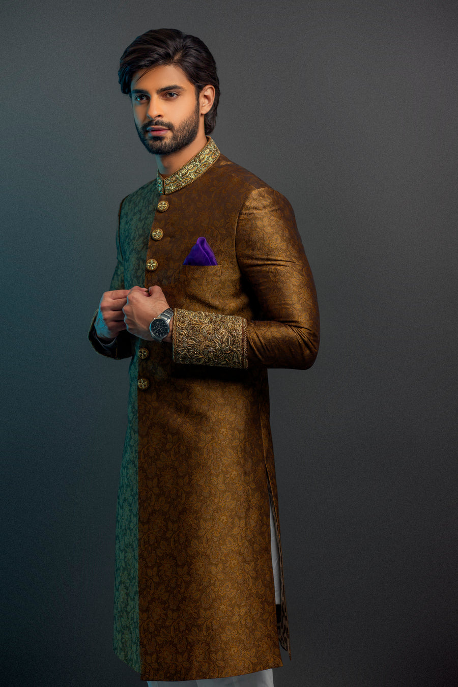 Jamawar Sherwani Hand Embroidered Cuff,Button  and Collar