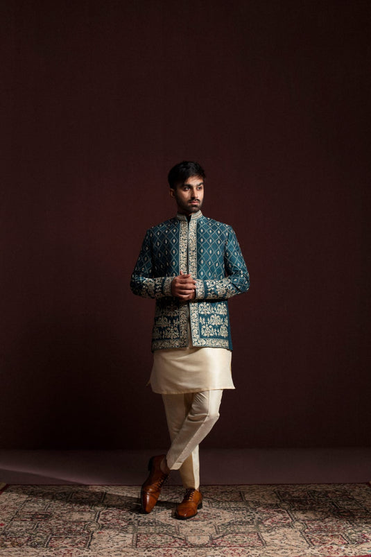 THE GREEN RAW SILK EMBROIDERIED PRINCE JACKET