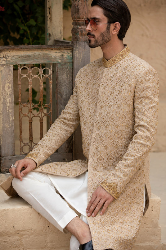 Cream Hand Embroidered Sherwani