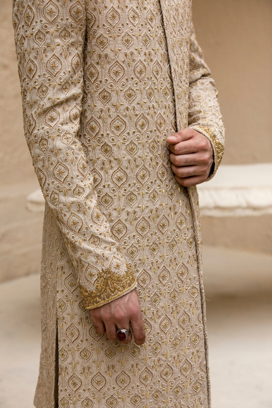 Cream Hand Embroidered Sherwani