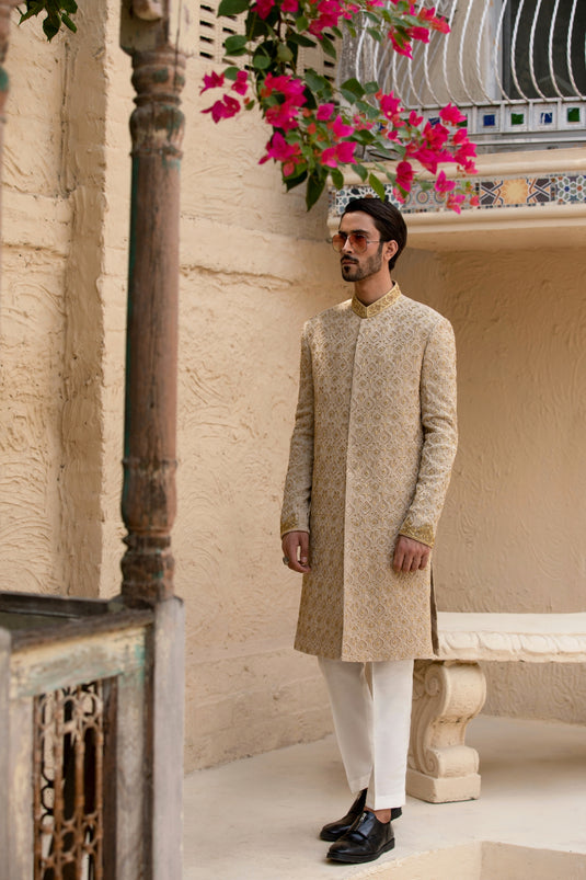 Light Brown Hand Embroidered Sherwani