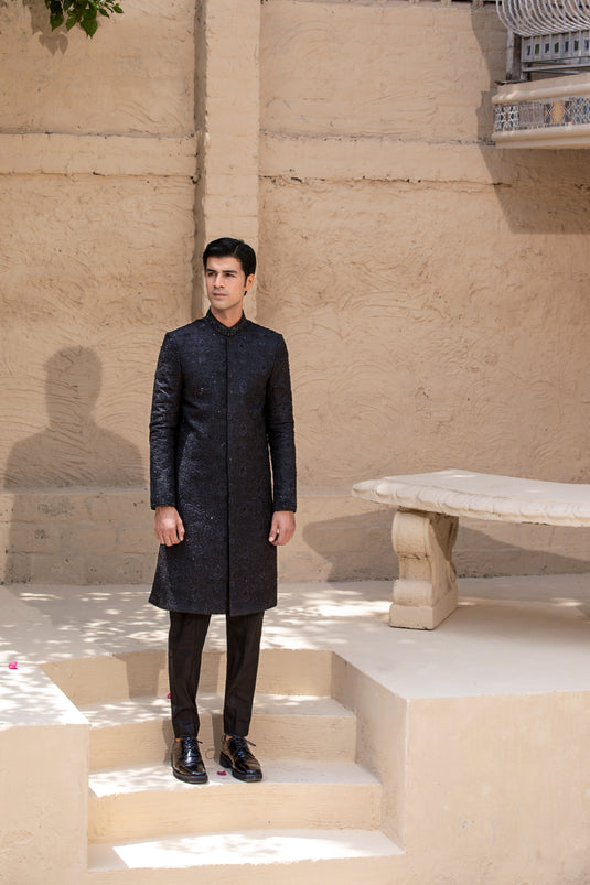 Black Hand Embroidered Sherwani