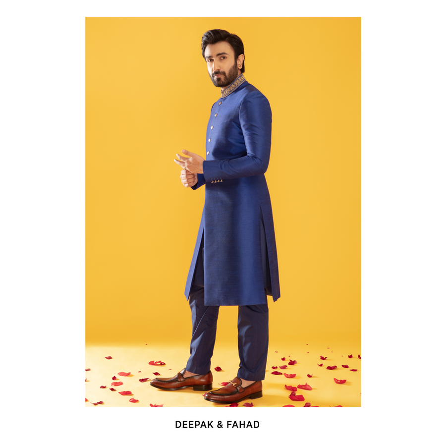 CLASSIC BLUE RAW SILK SHERWANI