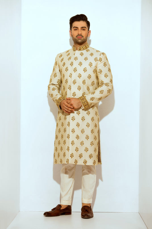 Off-White Masuri Net Hand Embroidered Sherwani