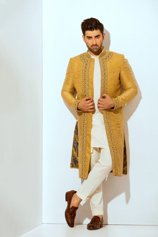 Dull Gold Hand Embroidered Atlas Sherwani