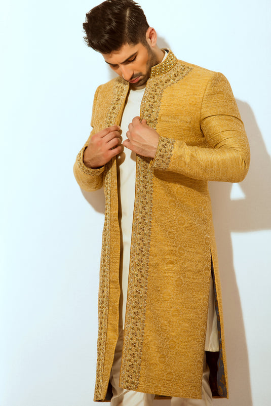 Dull Gold Hand Embroidered Atlas Sherwani