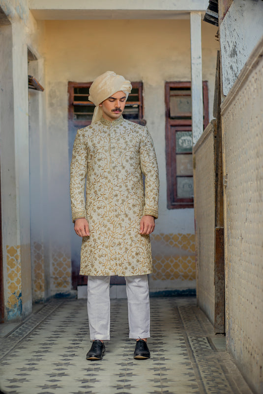 Dull Gold Masuri Net Fully Hand Embroidered Sherwani