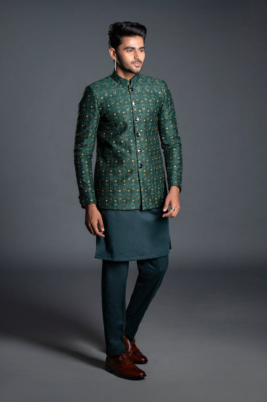 GREEN EMBROIDERED PRINCE COAT