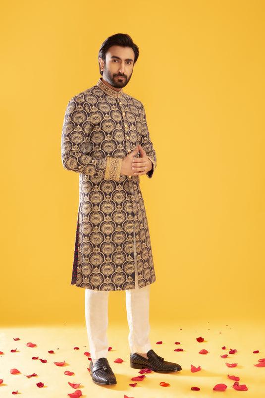 Dark Blue Embroidered Sherwani