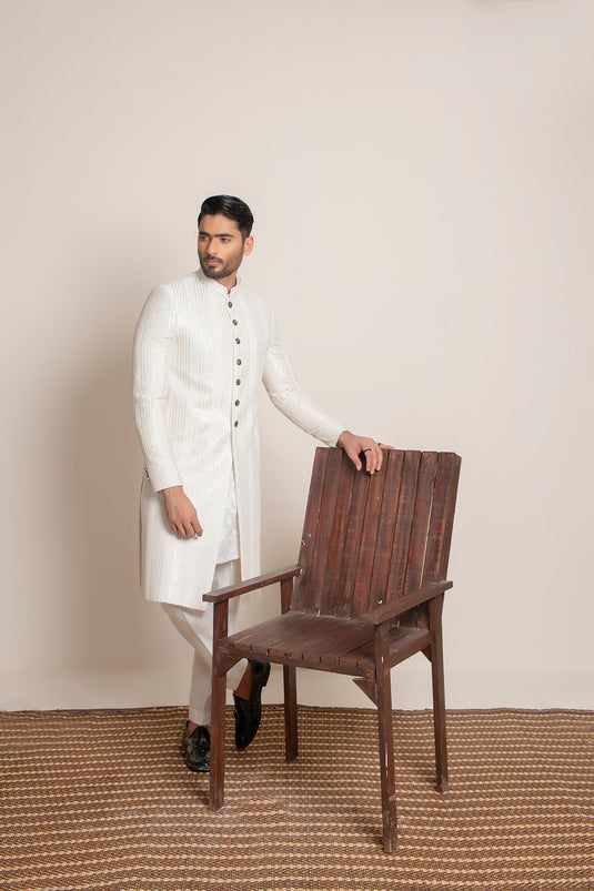 White embroidered (sequins) Sherwani