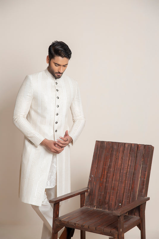 White embroidered (sequins) Sherwani