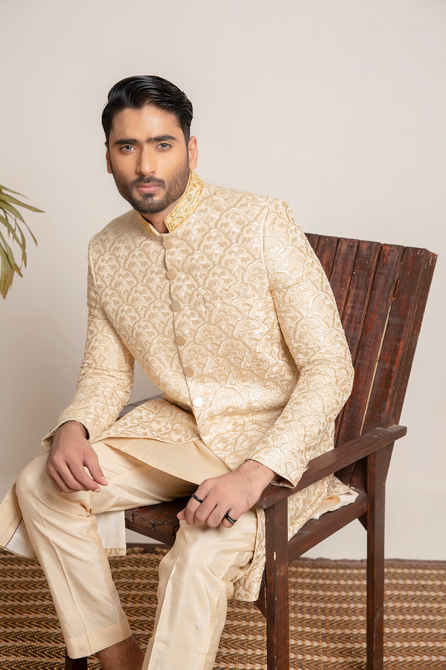 Golden embroidered Sherwani with hand work on collar