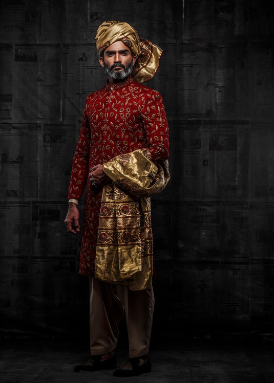 Raw Silk Maroon Hand & Machine Embroidered Sherwani