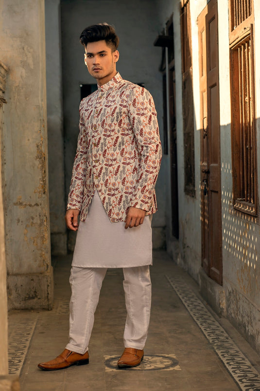 White floral Raw Silk Embroidered Front Prince Jacket