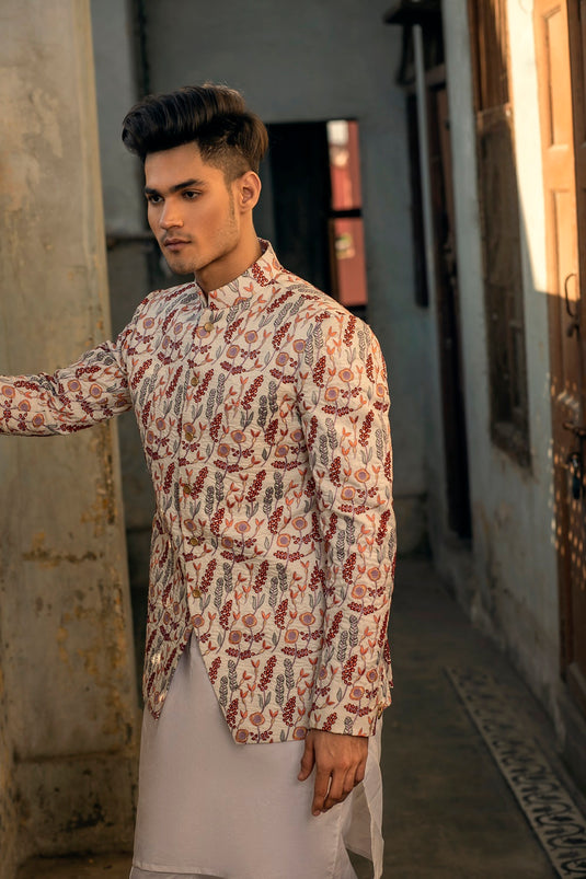 White floral Raw Silk Embroidered Front Prince Jacket