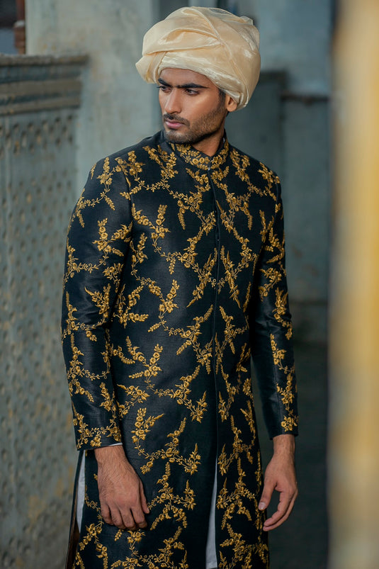 Black Raw Silk Sherwani with Gold Machine Embroidery