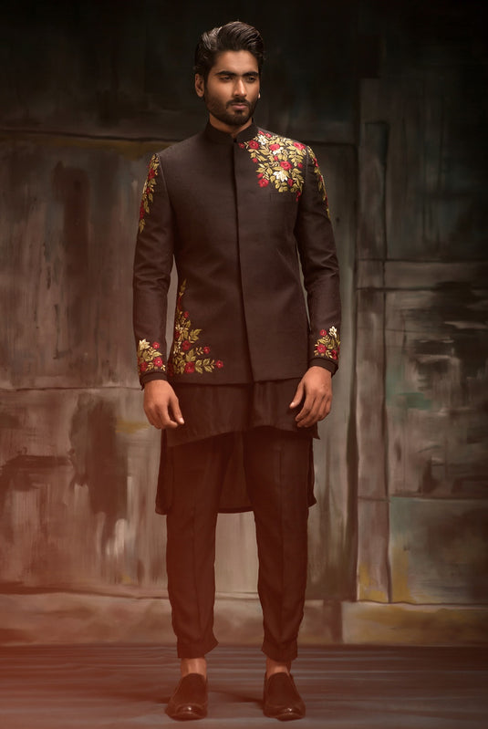 Black Raw Silk Embroidered Prince Jacket