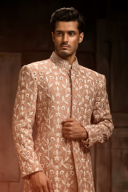 Coffee Pink Karandi Atlas Embroidered Sherwani