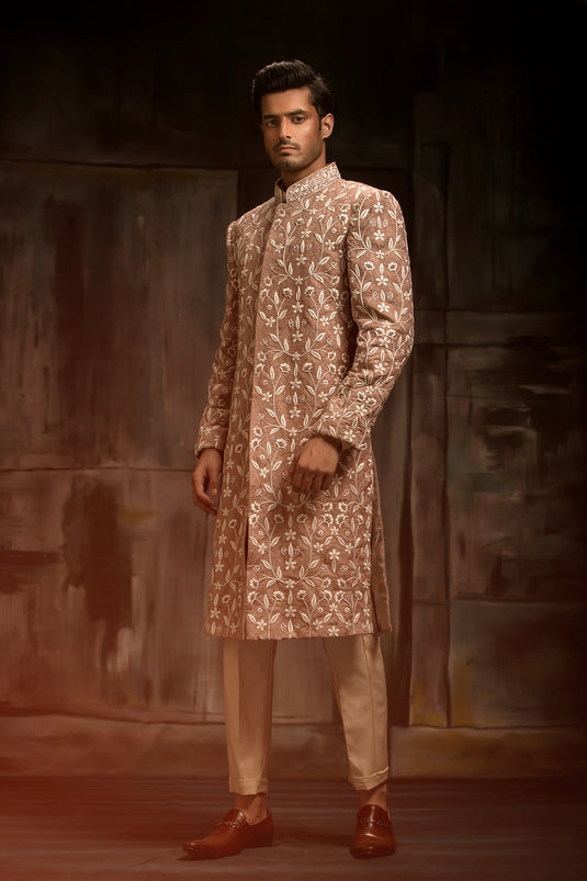 Coffee Pink Karandi Atlas Embroidered Sherwani